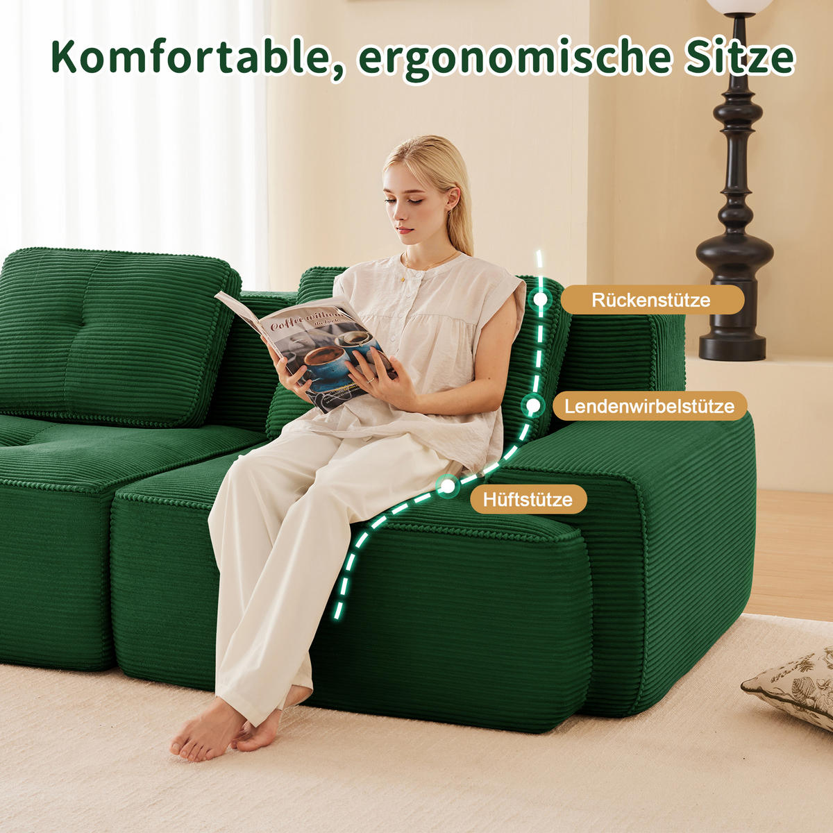 3-SITZER SOFA cord montagefrei & extratiefer sitz - Grün, Textil (293/69/104cm) - Urban Meuble