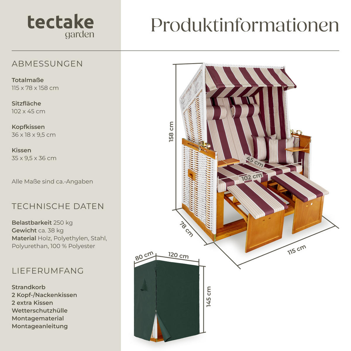 STRANDKORB Sylt,115 x 158 x 78 cm,rot/weiß - Rosa/Weiß, Holz (78/158/115cm) - tectake