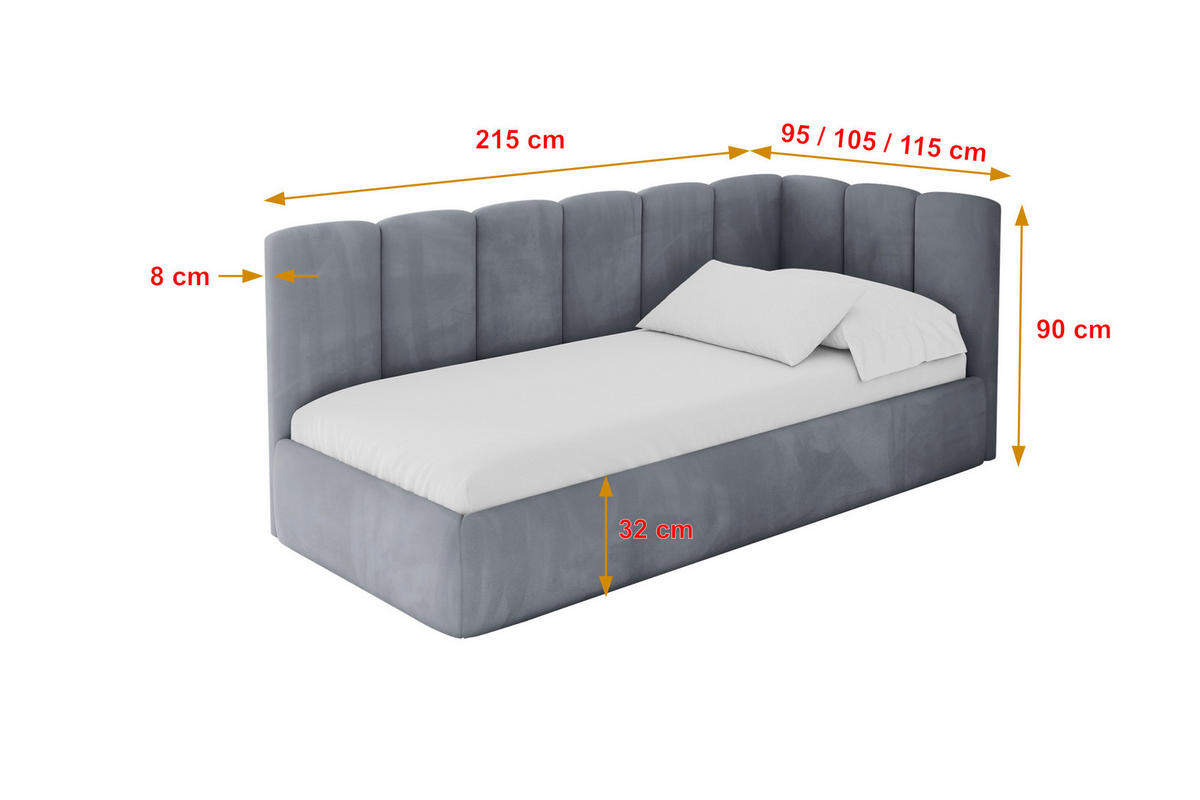 EINZELLBETT Jugendbett mit Bettkasten und Matratze H3/H4, Links - DEXY 90x200 Grau - Grau, Holzwerkstoff/Textil (90/200cm) - ALTDECOR