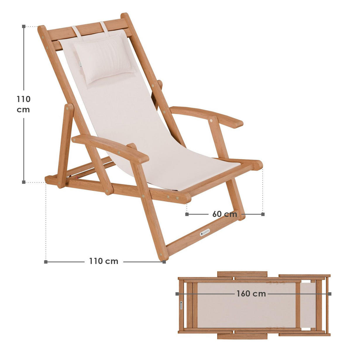 SONNENLIEGE Tavira Akazie creme klappbar 2er-Set - Creme, Holz (60/110/110cm) - Juskys