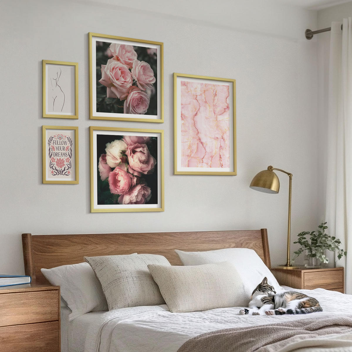 WANDBILDER 5er Set - 50x50 cm & 20x30 cm & 40x60 cm Goldrahmen - Vintage-Rosen-Marmorträume - Goldfarben, Kunststoff (40/60cm) - ArtPrintCave