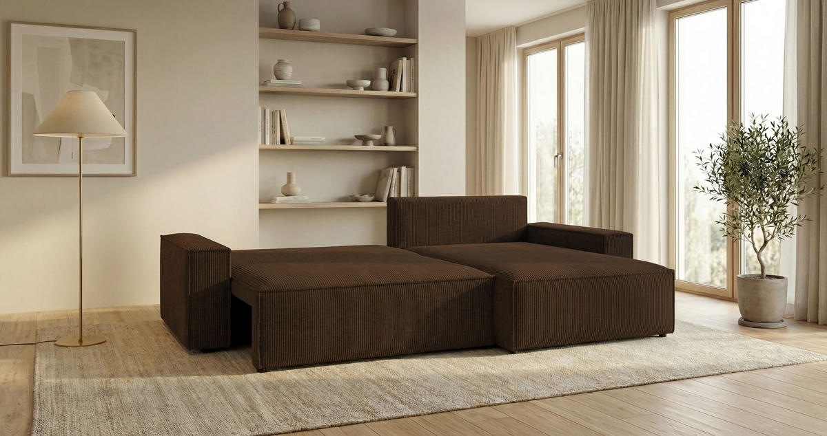 ECKSOFA VIENNA rechts braun Cord Poso 6 - Schlaffunktion, Bettkasten - Braun, Textil (285/184cm) - Cornero