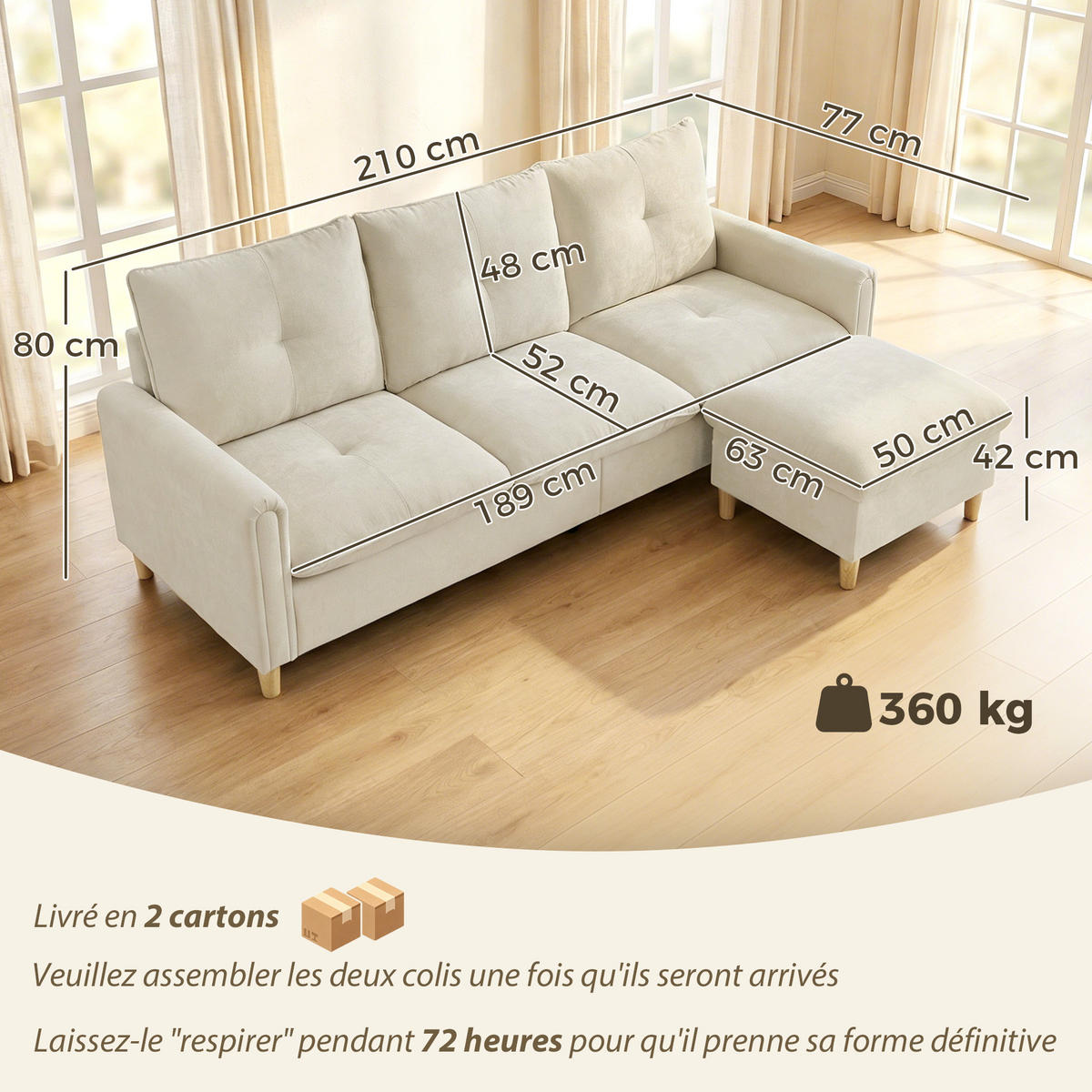 SOFA, 3-Sitzer, modular, Stauraumhocker, Leinenoptik, cremefarben, 210cm - Multicolor, Holzwerkstoff (210/80/77cm) - FORIOUS
