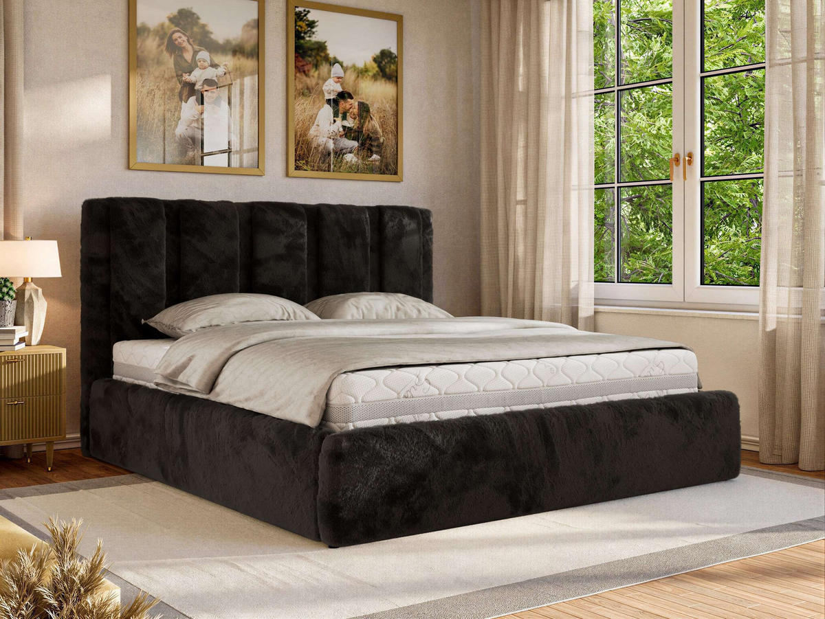 POLSTERBETT SAVINO CLASSIC 160/200 - Schwarz Plüsch - Multipocket-Matratze - Schwarz, Textil (160/200cm) - MKS