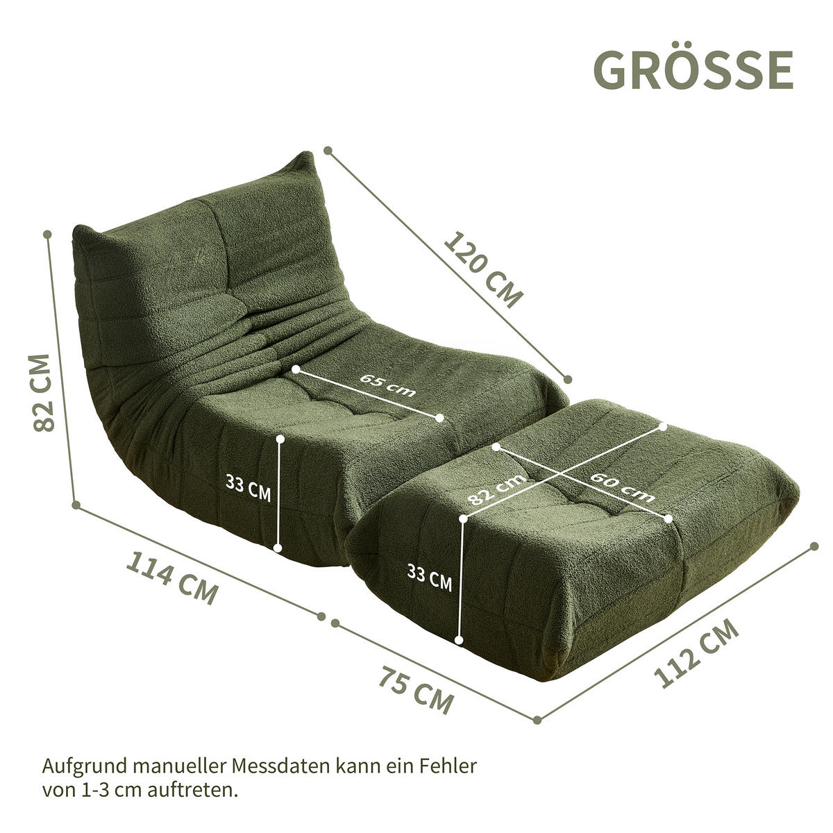 LIEGESESSEL in Sacksessel-Form 112/120/82 cm Grün für Schlafzimmer Wohnzimmer - Grün, Textil (120/82/112cm) - OKWISH