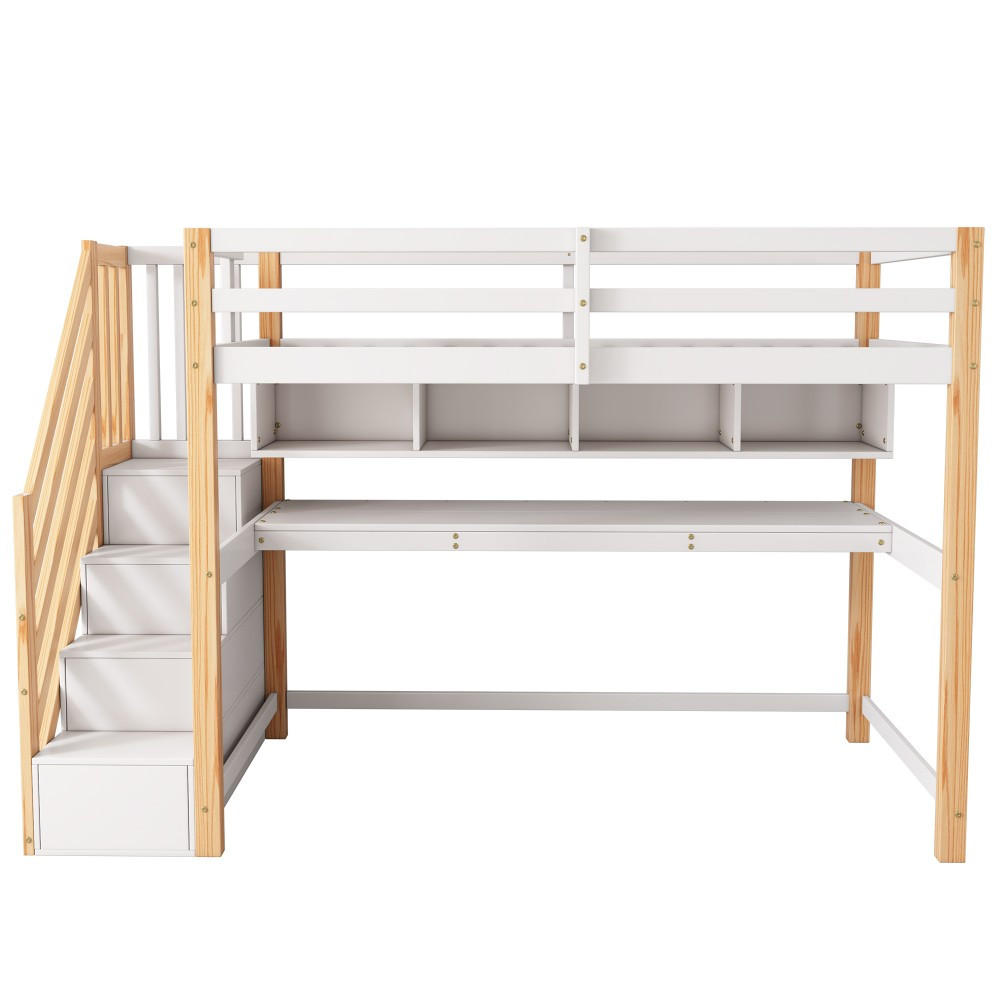 HOCHBETT 90x200cm mit großen Schreibtisch in natürlich und wei - Naturfarben, Holz (90/200cm) - KOMHTOM