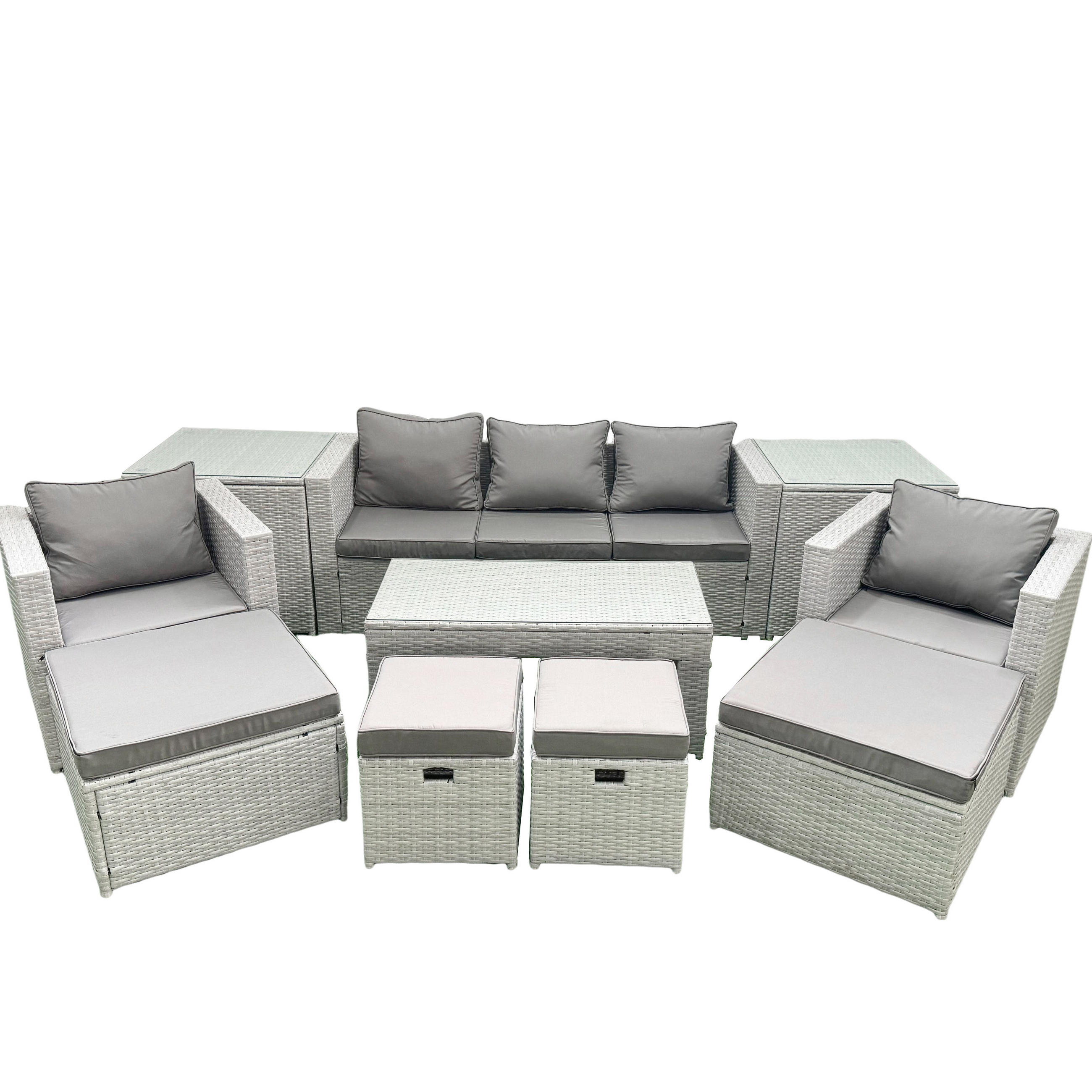 BALKONMÖBEL-SET Polyrattan Hellgrau-Mix 9-teilig - Hellgrau/Grau, Glas/Kunststoff - Fimous