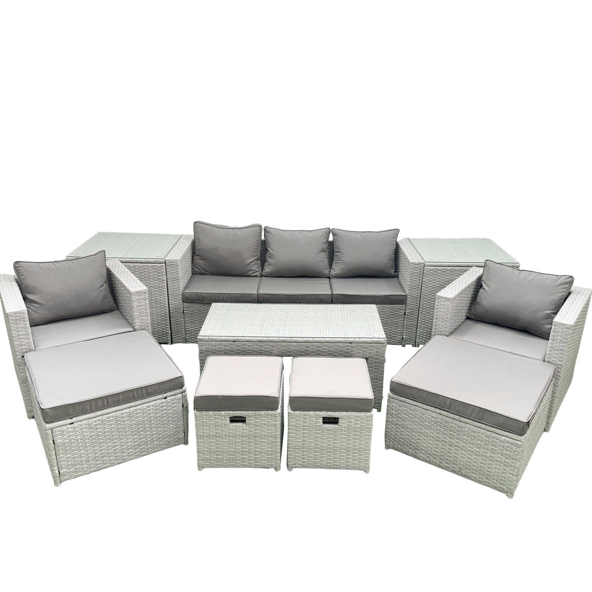 BALKONMÖBEL-SET Polyrattan Hellgrau-Mix 9-teilig - Hellgrau/Grau, Glas/Kunststoff - Fimous
