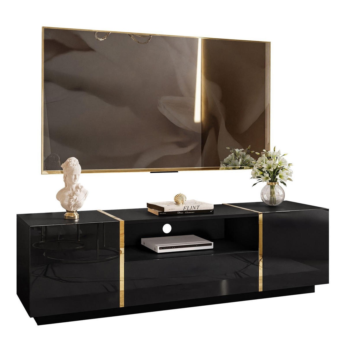 TV-ELEMENT ONYX HOCHGLANZ 158 CM PUSH OPEN - Schwarz, Holzwerkstoff (158/46/41.3cm) - Lookway