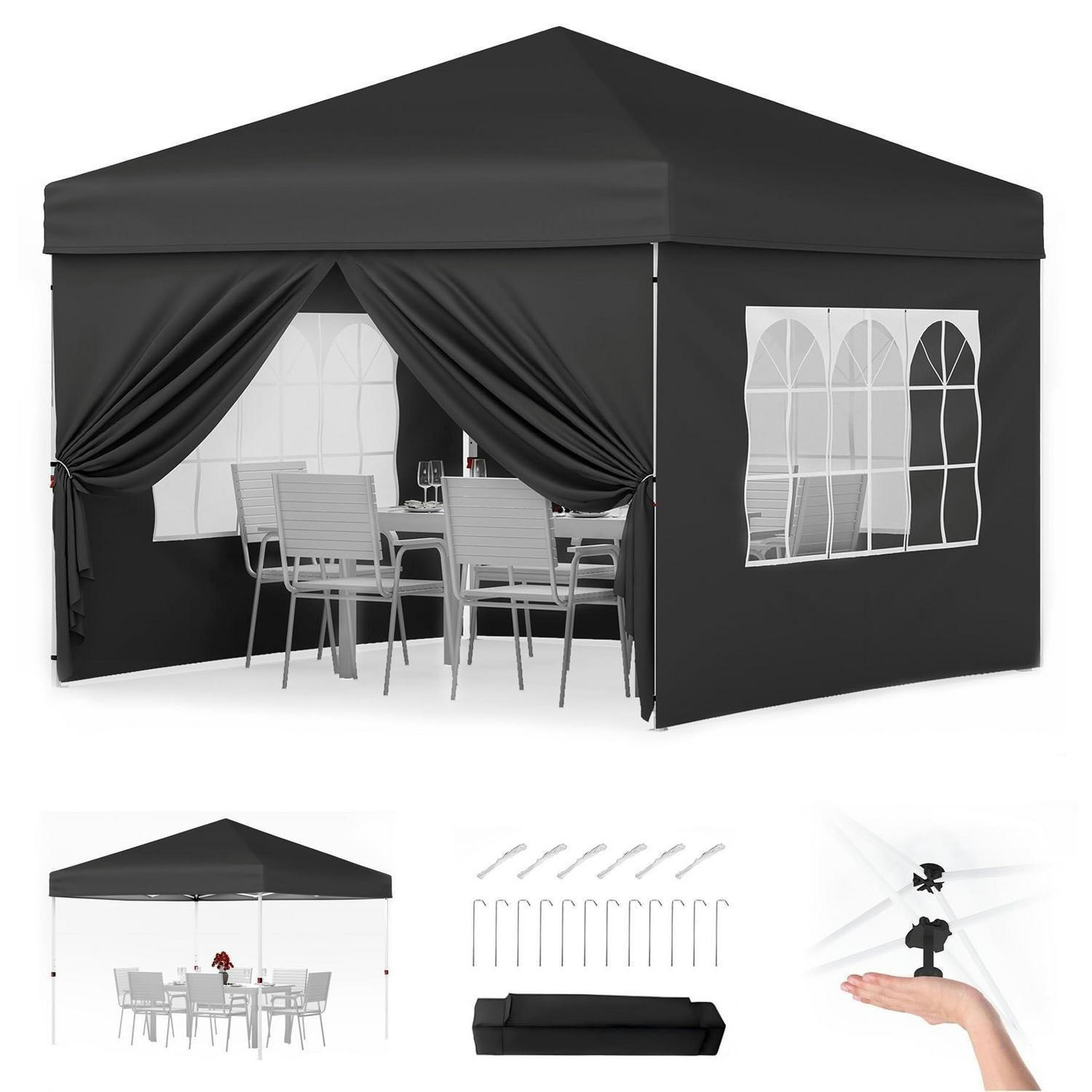 FALTPAVILLON 3x3 m wasserdicht mit 4 Seitenwänden Schwarz - Schwarz, Textil (300/260/300cm)