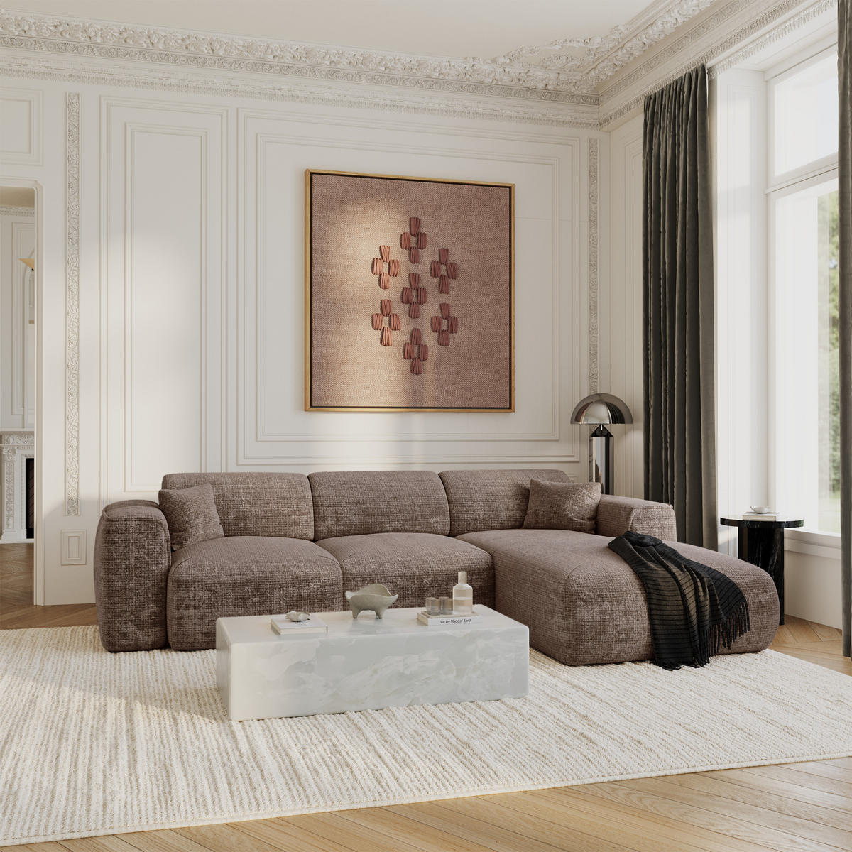 ECKSCHLAFSOFA Geprägter Samt Taupe 283cm - Taupe, Textil (283/180cm) - Sia Home