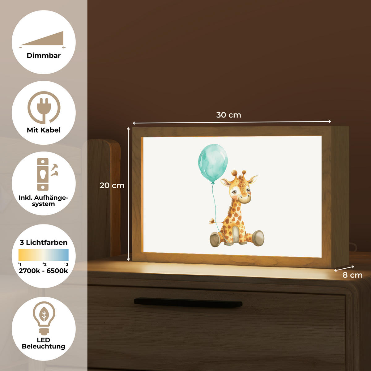 NACHTTISCHLAMPE Giraffe - Baby - Tiere - Blauer Ballon 30x20 cm - Weiß, Holzwerkstoff (8/30/20cm)