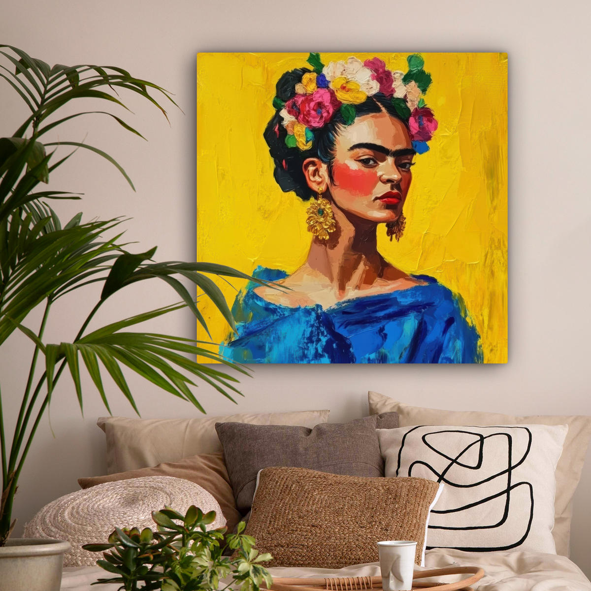 LEINWANDBILD Frida Kahlo - Frau - Gelb - Blau - Blumen 90x90 cm - Gelb, Textil (90/90cm) - MuchoWow