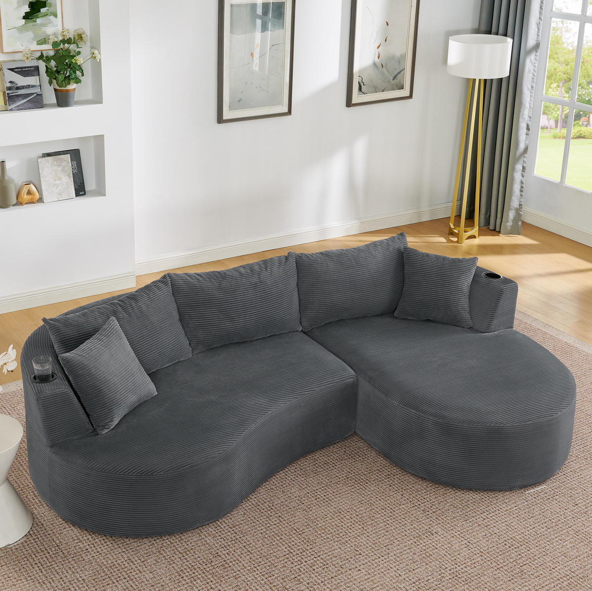 SOFA 3-Sitzer mit Getränkehaltern Kordstoff Gray - Grau, Textil (168/264.1cm) - Meubliv