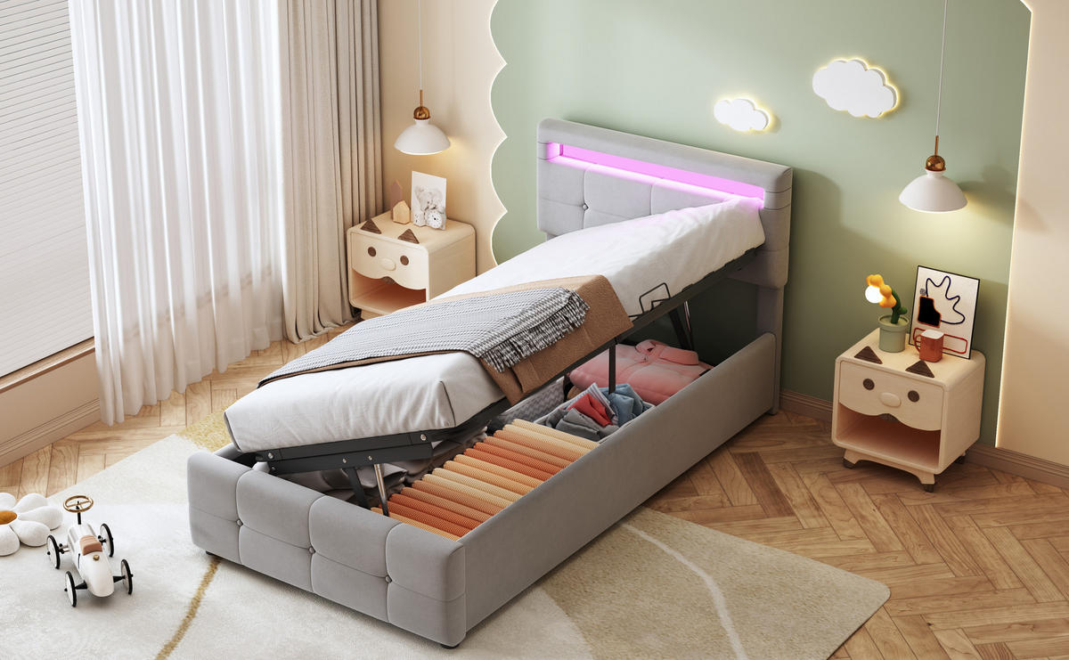POLSTERBETT 90x200 cm mit LED-Beleuchtung, hydraulisches Stauraumbett, Samtstoff, grau - Grau, Holz (90/200cm) - KOMHTOM
