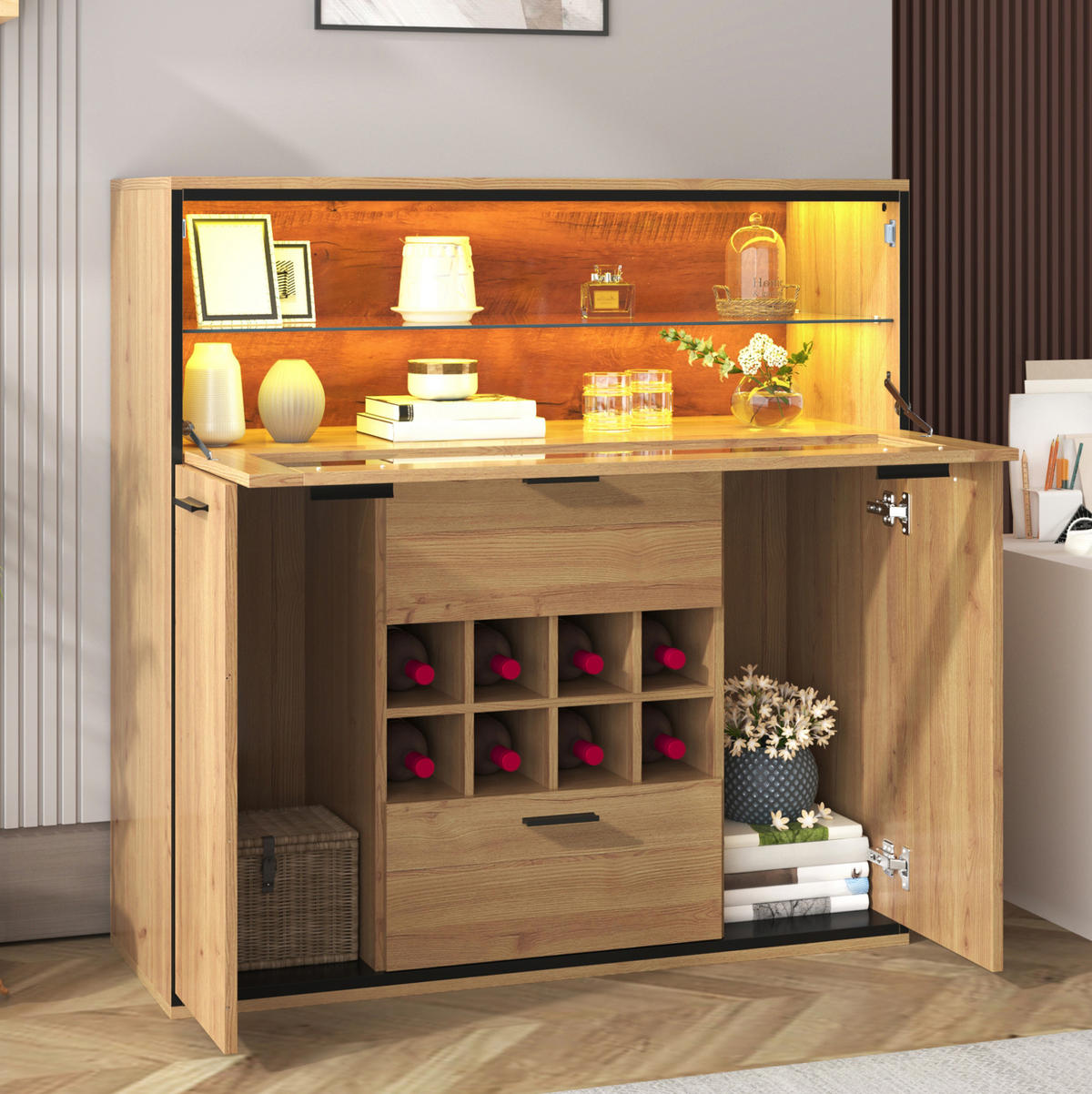 SIDEBOARD 110/38/111 cm in Natur/Schwarz mit Weinregalen und LED-Beleuchtung - Naturfarben, Holzwerkstoff (110/111/38cm) - Flora Grace