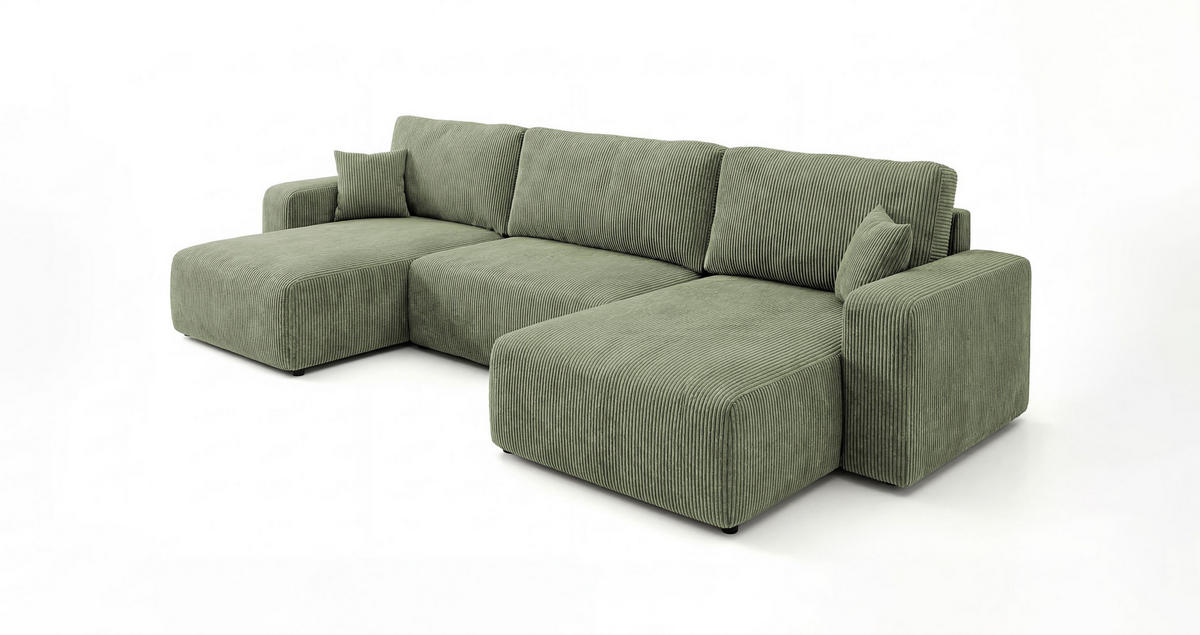 WOHNLANDSCHAFT BERLIN U-Form hellgrün Cord Poso 47 - Schlaffunktion, Bettkasten - Hellgrün, Textil (385/86/185cm) - Cornero