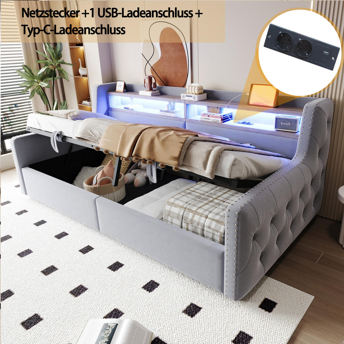 POLSTERBETT 90x200 cm LED USB Stauraum hellgrau - Hellgrau, Textil (90/200cm) - LEBENLANG