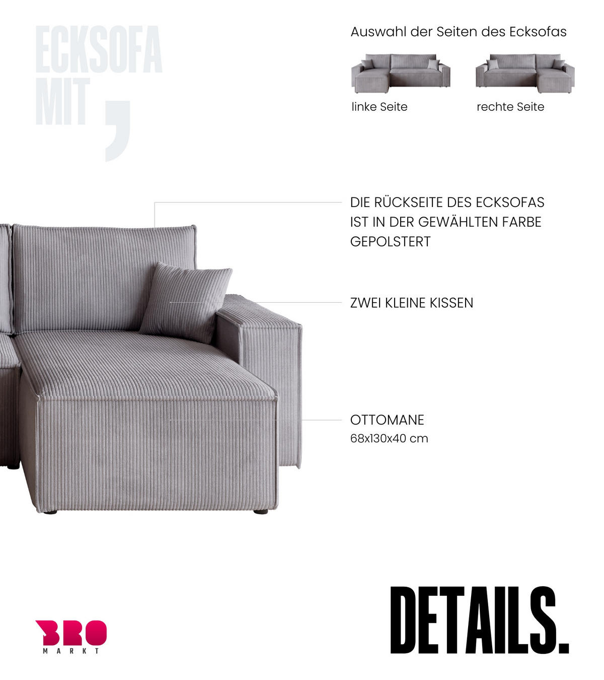ECKSOFA ADI mit Schlaffunktion Hellgrau Cord - Hellgrau, Textil (244/143cm) - Bromarkt