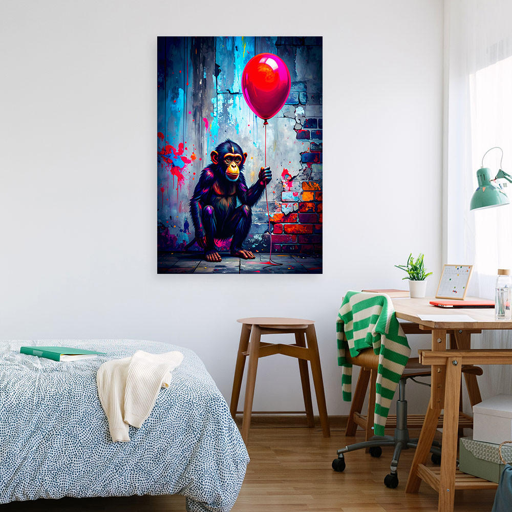 LEINWANDBILD Affe mit Ballon Graffiti Straßenkunst 80x120cm - Multicolor, Textil (80/120cm) - Feeby