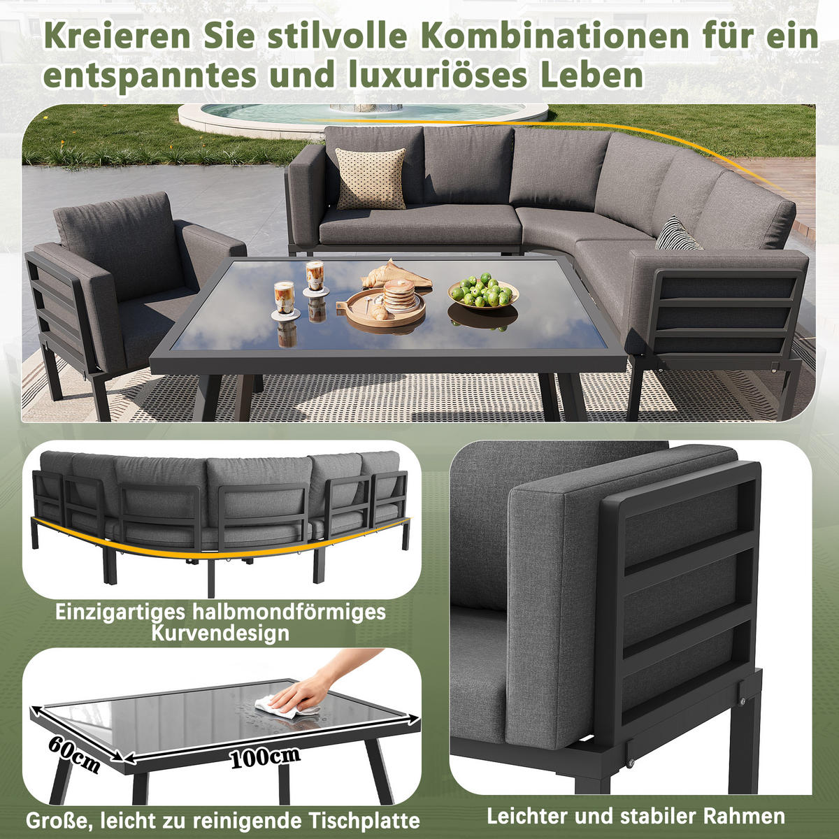 GARTENSET Halbmondform 8 Personen Grau Inkl. Tisch & Hocker - Grau, Metall - FLIEKS