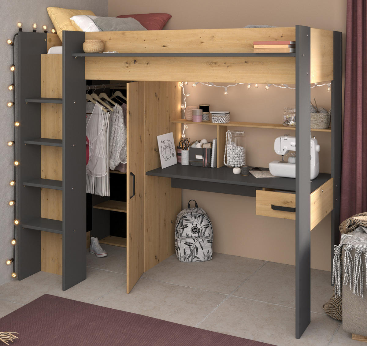 HOCHBETT mit Schreibtisch und Kleiderschrank Bett 90 x 200 cm - Eichefarben/Dunkelgrau, Holzwerkstoff/Kunststoff (90/200cm) - Parisot Meuble