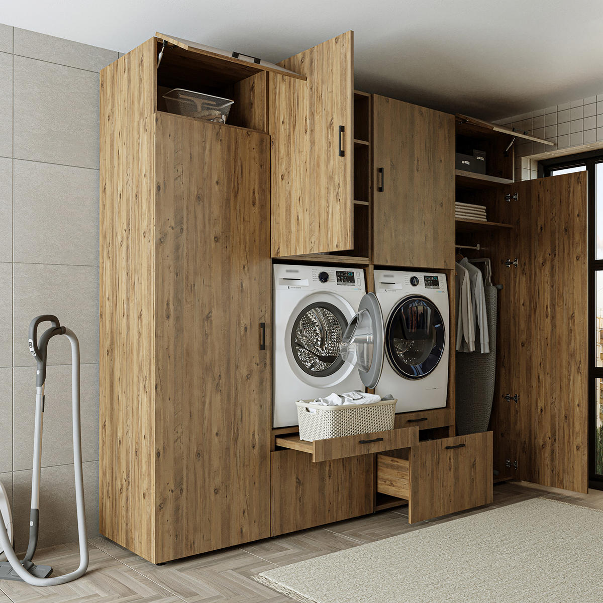 WASCHMASCHINENSCHRANK Serie 2 254cm Breit, 240cm Hoch - Eichefarben, Holzwerkstoff (254/240/67cm)