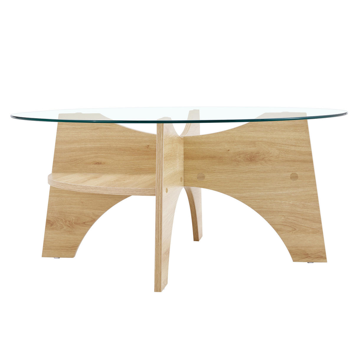KONFERENČNÍ stolek 80/80/36 cm transparentní v barvě dřeva z MDF a skla s kulatou deskou - přírodní, kompozitní dřevo (80/80/36cm) - OKWISH
