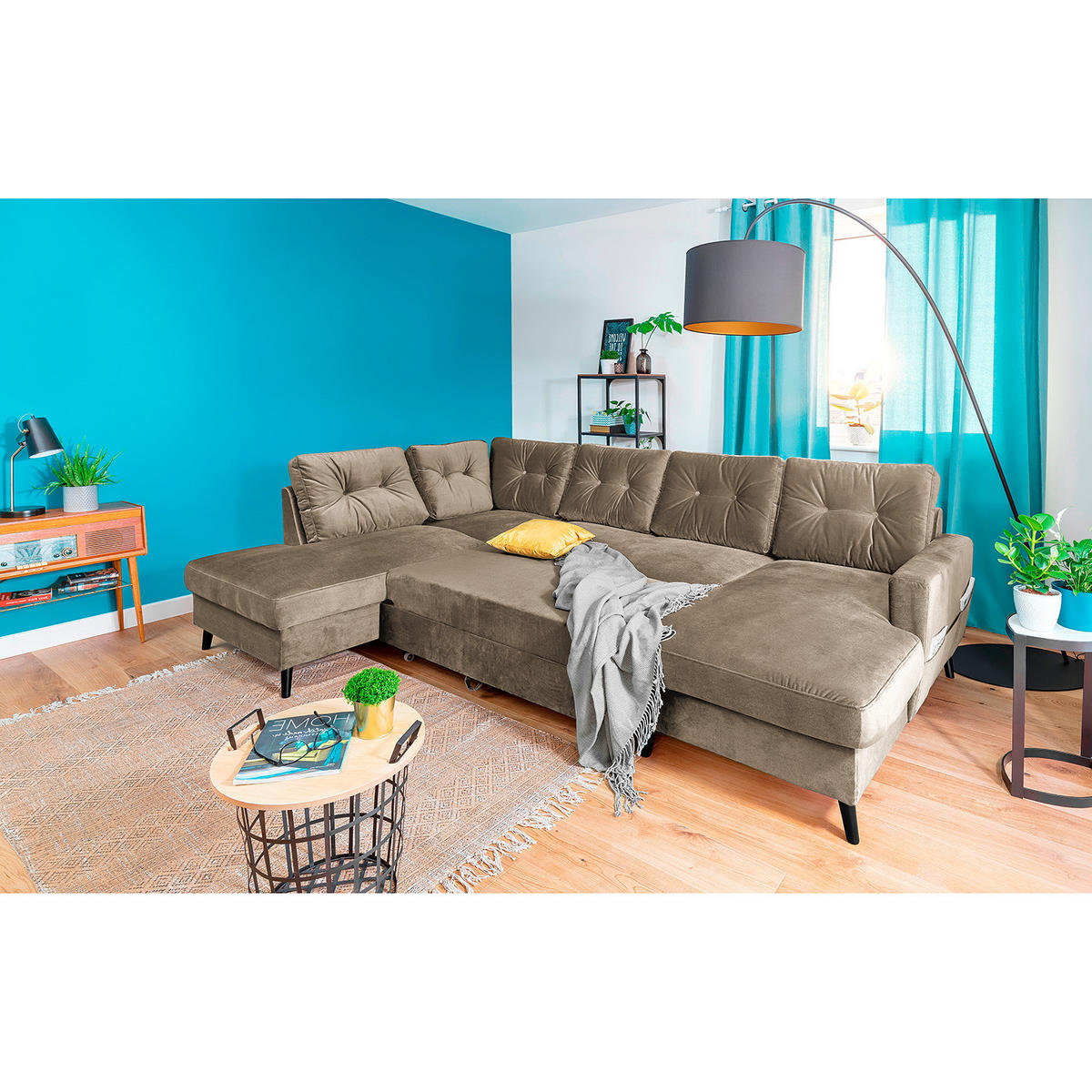 WOHNLANDSCHAFT mit Longchair - Schwarz/Cappuccino, Buchenholz/Textil (297/90/200cm) - home24