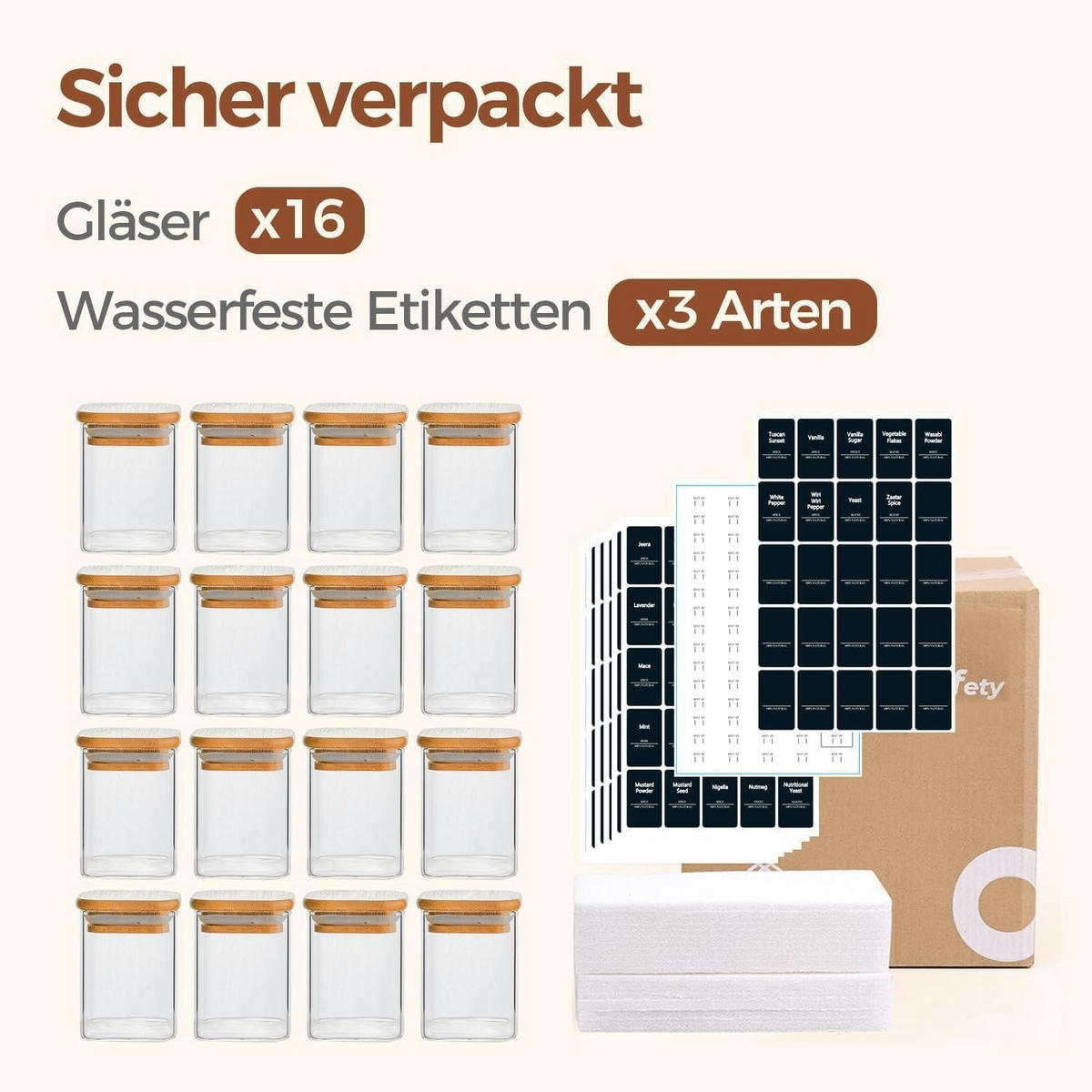 GEWÜRZGLÄSER 16-teiliges Set 180 ml Glas mit Holzdeckel - Multicolor, Glas (6/8.6/6cm)