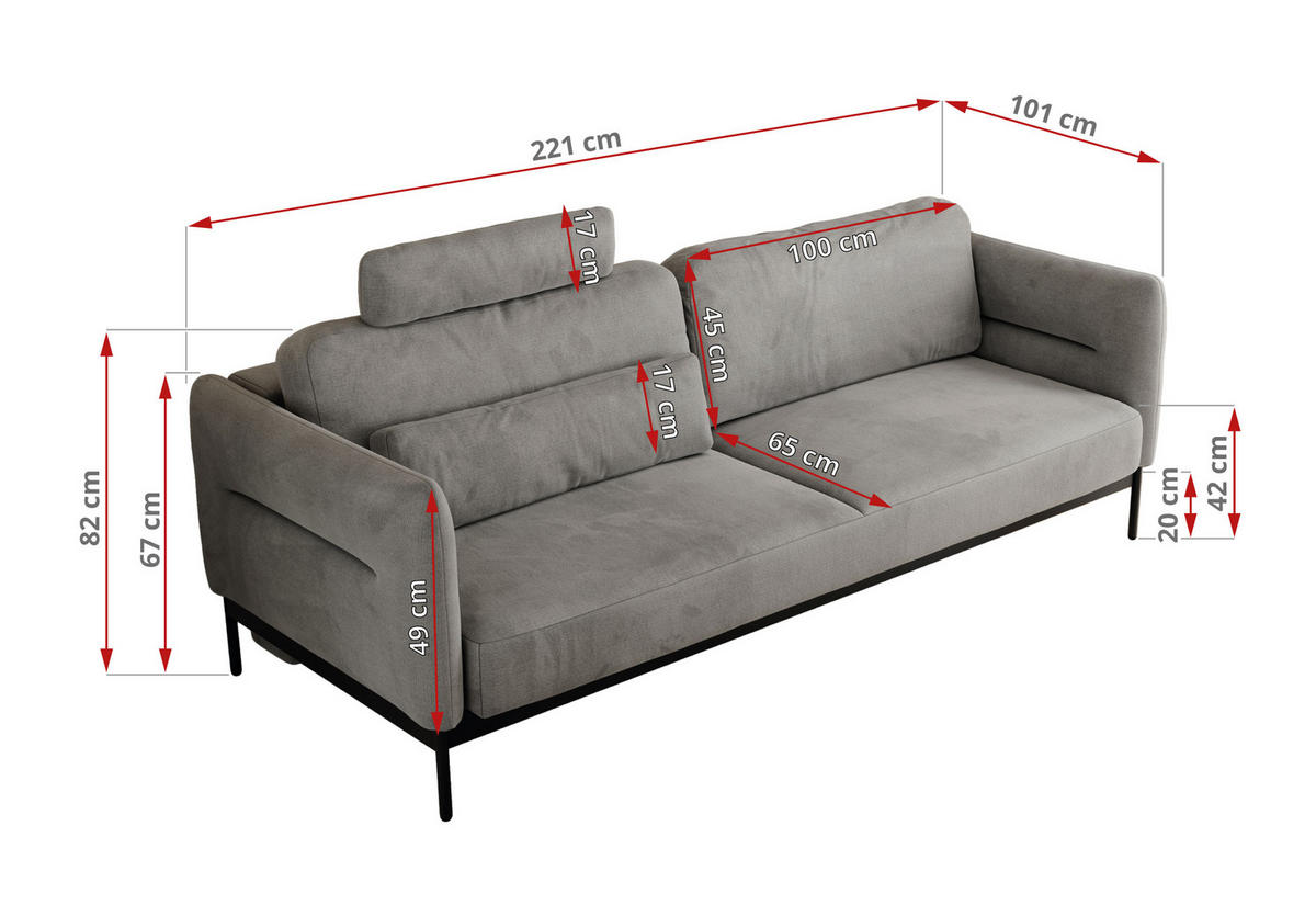 SOFA SALENTO Hellgrau Velvet - Hellgrau/Schwarz, Textil/Metall (221/82/101cm) - MKS
