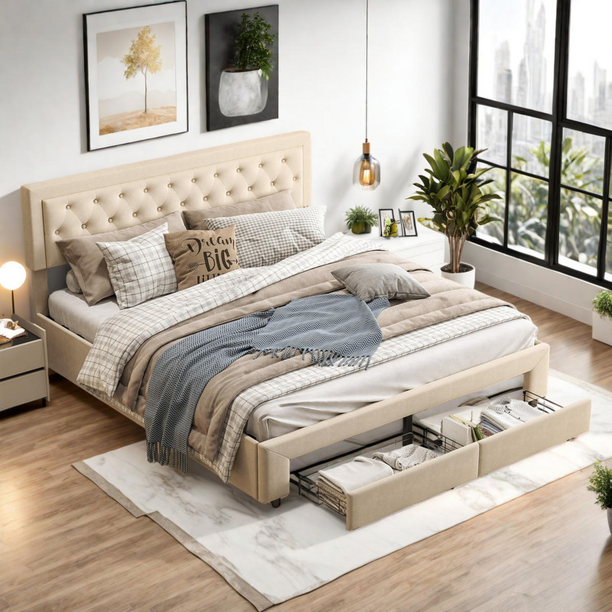 POLSTERBETT 160x200cm, Beige, Samt, mit Schubladen und Lattenrost, ohne Matratze - Beige, Holz (160/200cm) - WoodenAura