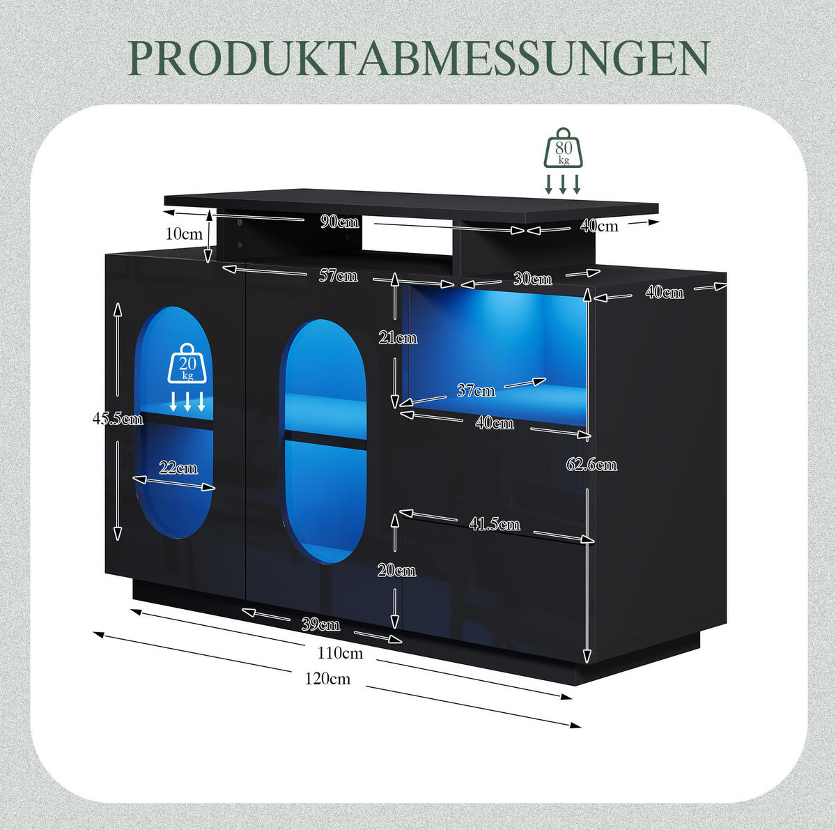 SIDEBOARD aus Holzwerkstoff 120x40x80 cm Schwarz mit LED-Beleuchtung, Glasvitrine und verstellbaren Einlegeböden - Schwarz, Holzwerkstoff (120/80/40cm) - Modfu