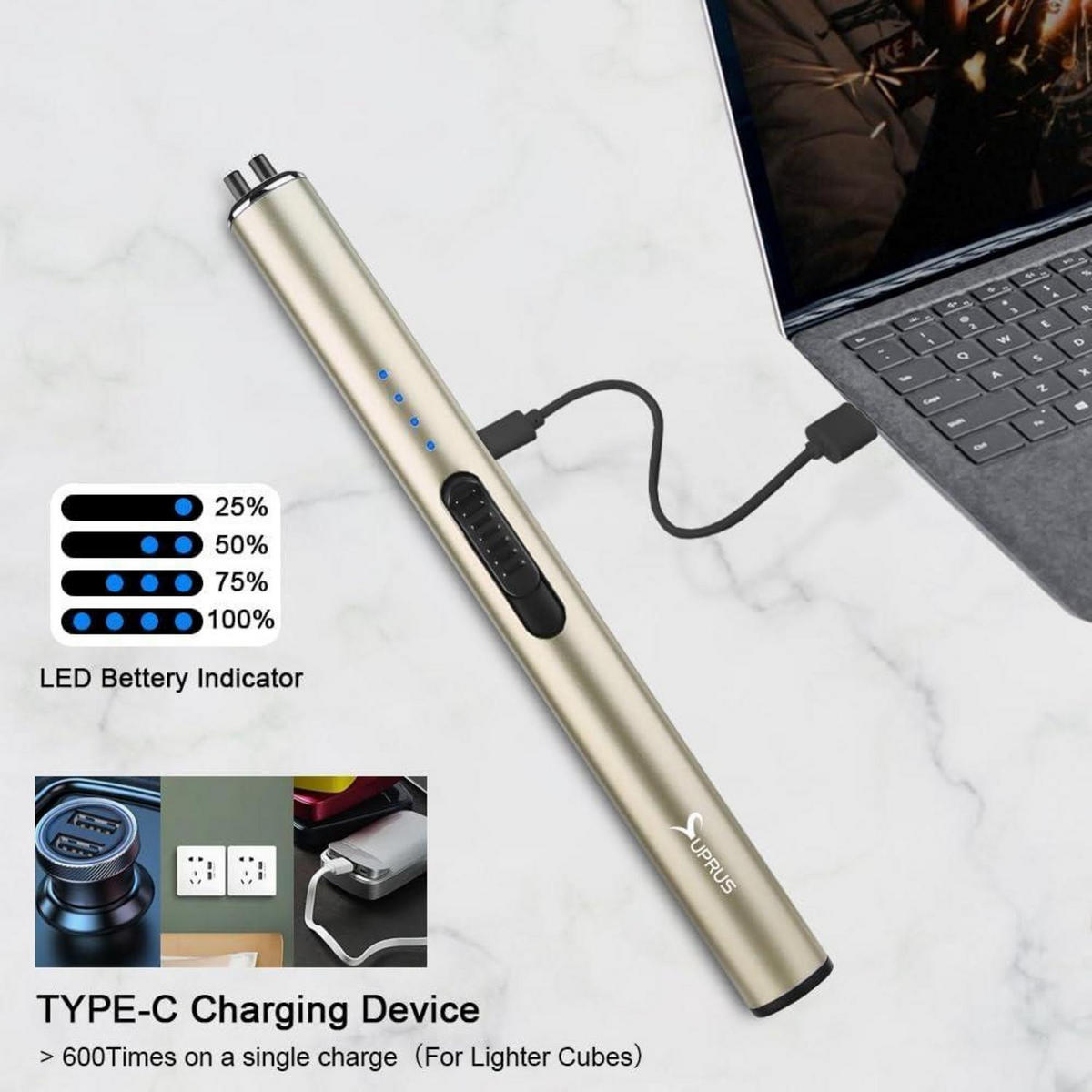 ELEKTRISCHES Feuerzeug USB-C Arc winddicht mit Ladeanzeige Gold - Goldfarben, Metall (1.7/1.5/17.1cm)