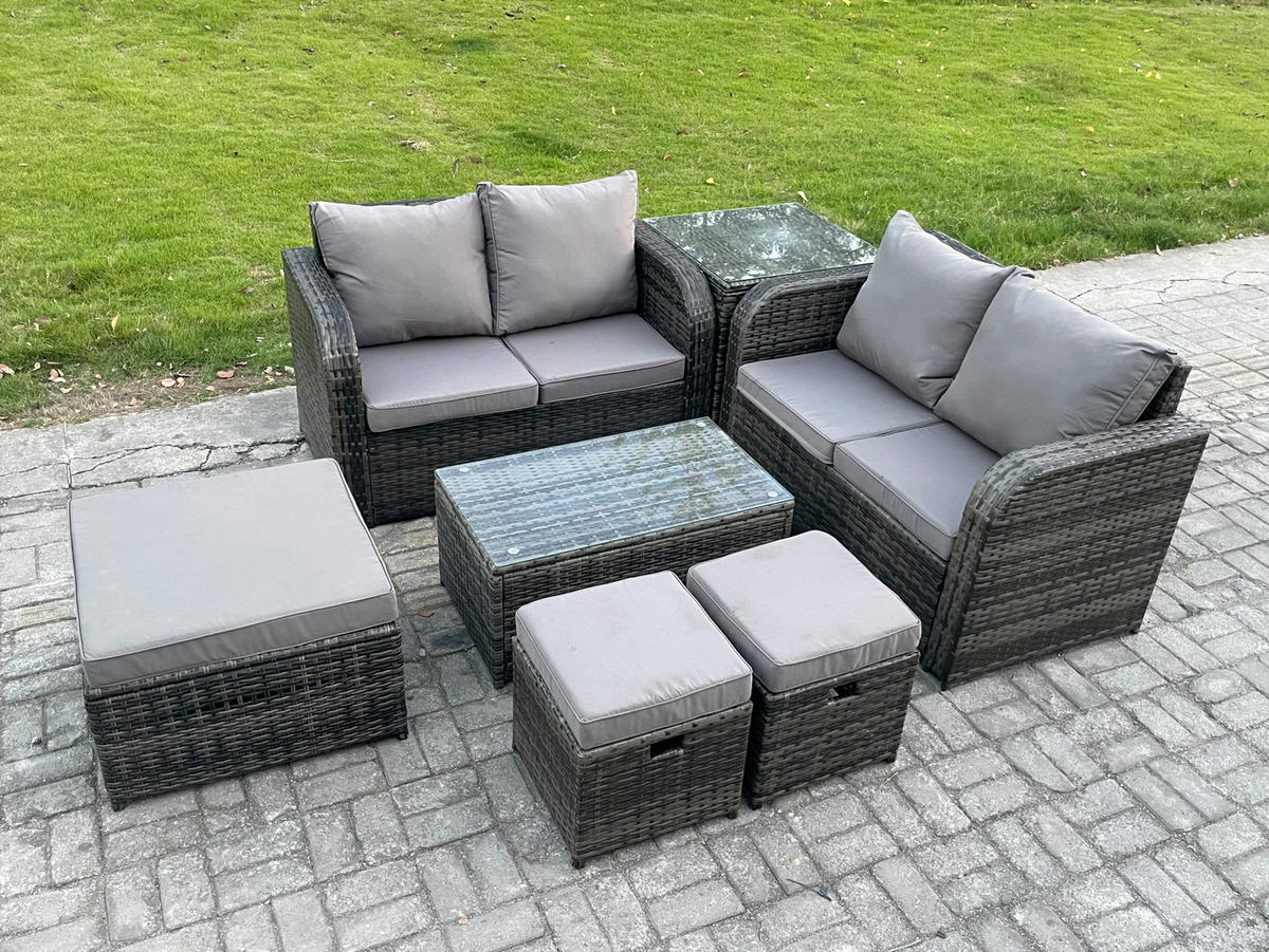 GARTENMÖBELGARNITUR mit KISSEN Polyrattan Dunkelgrau 7-Sitzer - Dunkelgrau/Grau, Glas/Kunststoff - Fimous