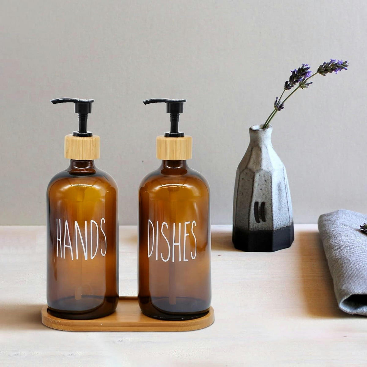 SEIFENSPENDER Set Braunglas 500ml mit Bambustablett 2-teiliges Set - Braun, Glas (10/18/15cm)