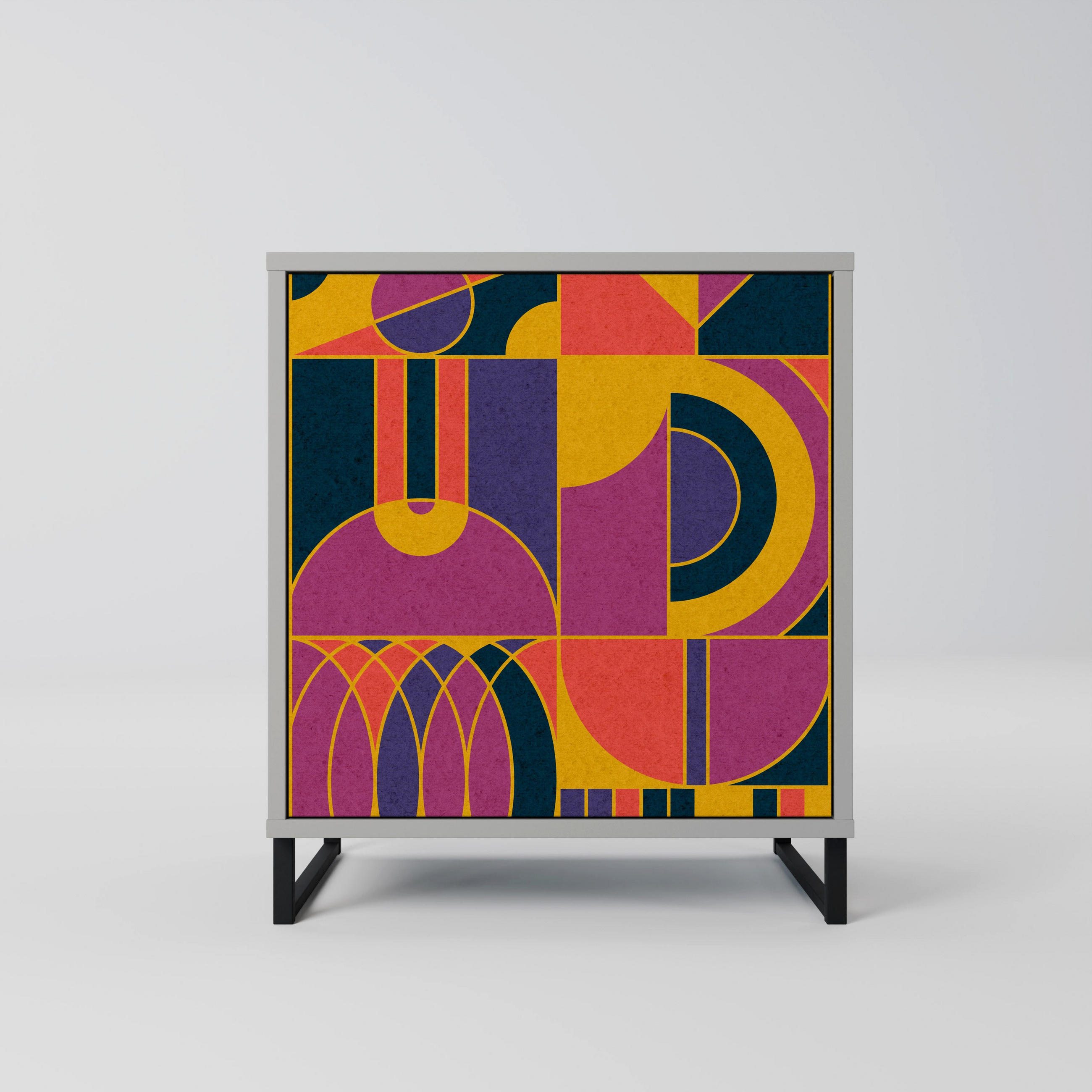SIDEBOARD ELECTRIC PATTERNS, Grau, 57,5x42x67,5 cm, Schwarze Metall-Rahmenfüße - Multicolor/Schwarz, Holzwerkstoff/Metall (57.5/67.5/42cm) - SpaceRebels