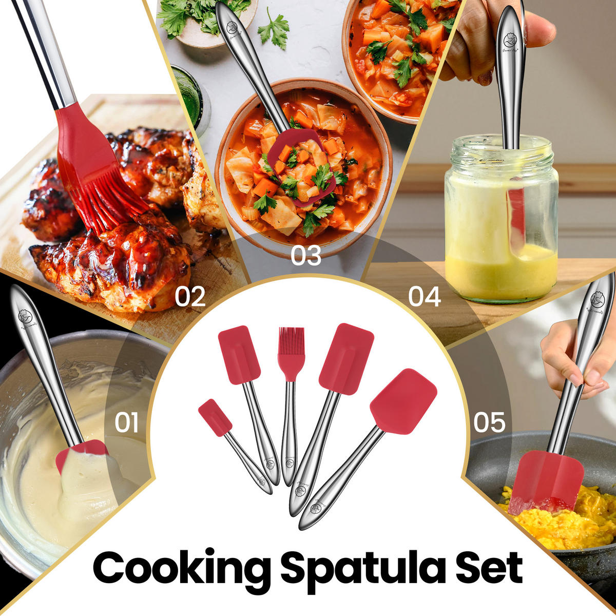 KÜCHENHELFER Set,Küchenhelfer-Set, Rot, 5-teilig: Silikon-Spatel mit Edelstahl-Griffen - Rot, Metall - Gourmet Easy