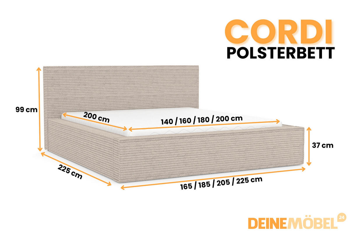 POLSTERBETT CORDI 160/200 in Cord Beige - Beige, Holz/Holzwerkstoff (160/200cm) - Deine Möbel 24
