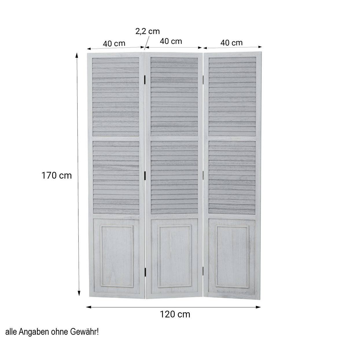 PARAVENT 3-tlg. 120/170 cm Weiß shabby washed - Weiß, Holz (120/170/2cm) - Homestyle4u