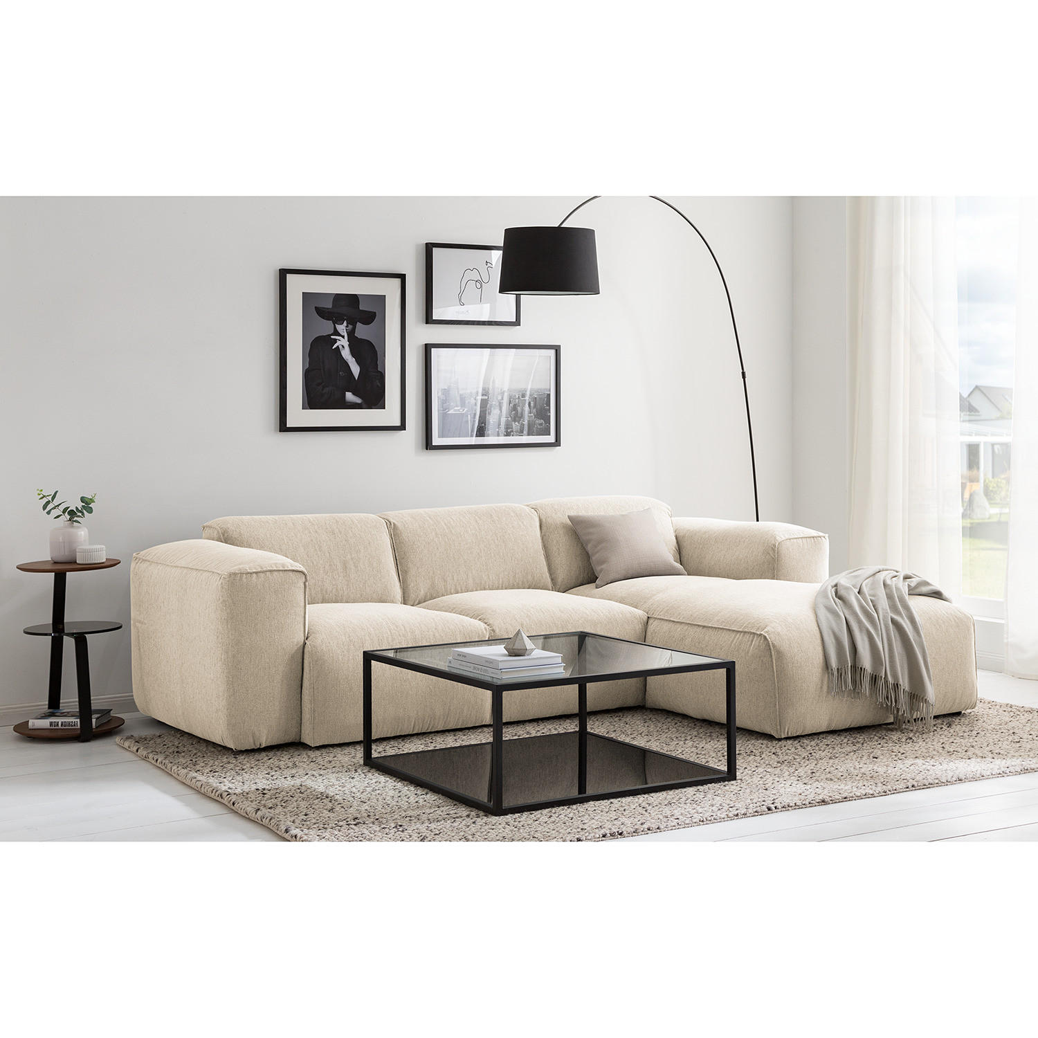 3-SITZER ECKSOFA mit Longchair - Beige/Schwarz, Textil (251/173cm) - home24