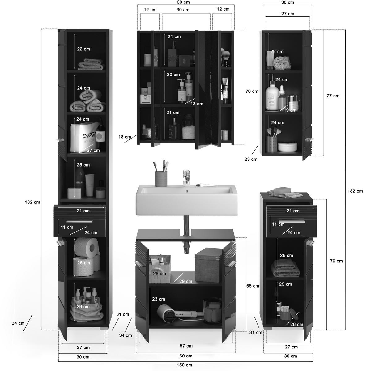 BADMÖBEL Set Linus 5tlg. Bad Kombination in Weiß o. Schwarz (B/H/T: 151x182x34 cm) - Schwarz, Holz (151/182/34cm)