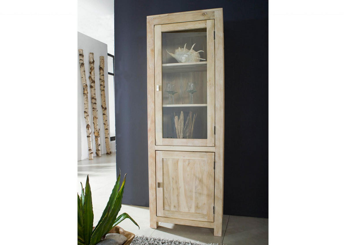 VITRINE Akazie 65x42x190 white stone getüncht NATURE WHITE #53 - Beige, Holz (65/190/42cm) - Massivmoebel24