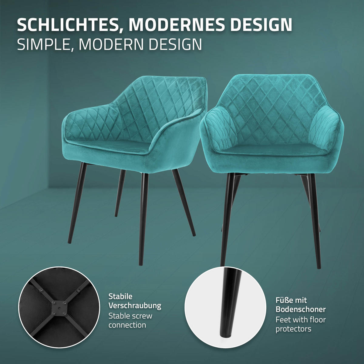 ESSZIMMERSTUHL 2er Set Petrol Samt - Türkis/Schwarz, Textil/Metall (60/80/63cm) - ML-DESIGN