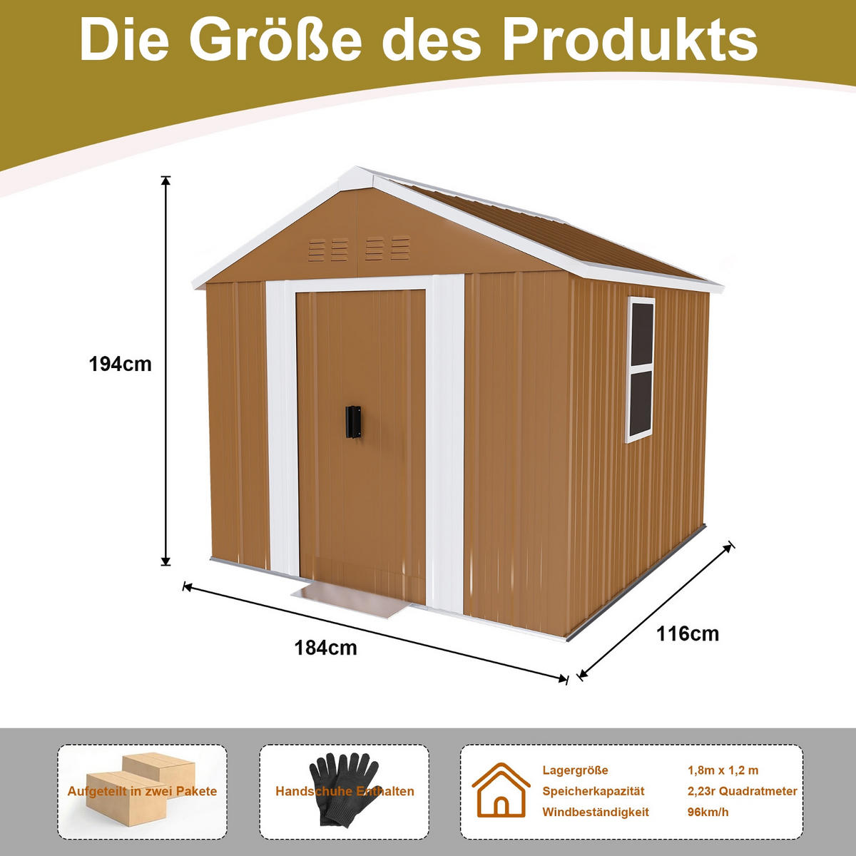 GERÄTEHAUS 184/116/194 cm Braun mit Fenstern, verschließbarer Tür und Belüftung, ohne Boden - Braun, Metall (110/194/184cm) - Oxeza