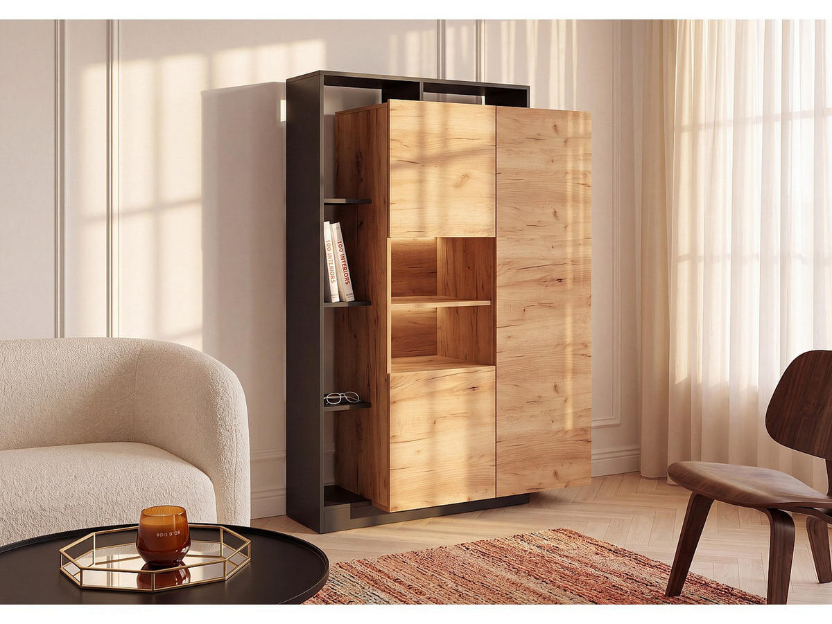 VITRINENSCHRANK - 110 x 43.6 - glas - anthrazitgrau, naturfarben hell Idesia - Anthrazit/Naturfarben, Glas/Holz (110/165.2/43.6cm) - Vente-Unique