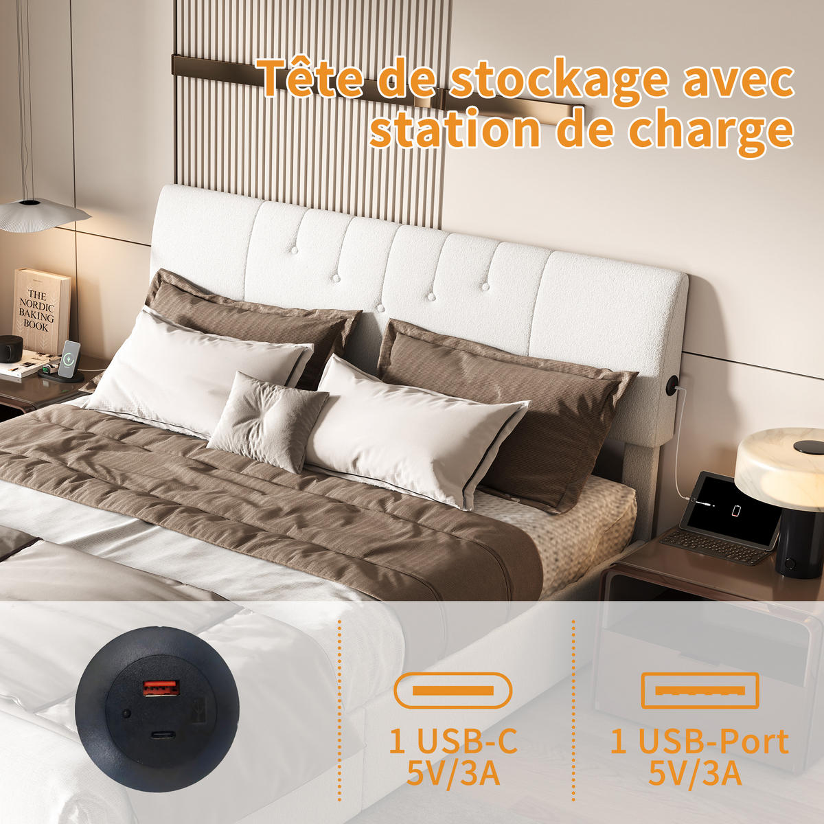 POLSTERBETT 140/200 cm Weiß mit hydraulischem Stauraum, LED-Kopfteil mit USB-C und USB-Anschluss - Weiß, Metall (140/200cm) - EuroLiving