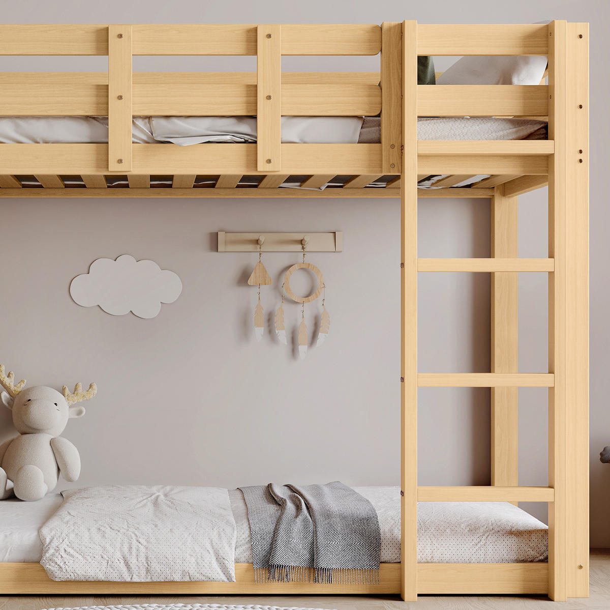 ETAGENBETT 90/200 cm aus Kiefer und MDF mit Treppe, Rutsche und Bettvorhang Natur - Naturfarben, Holzwerkstoff (90/200cm) - Modenvie