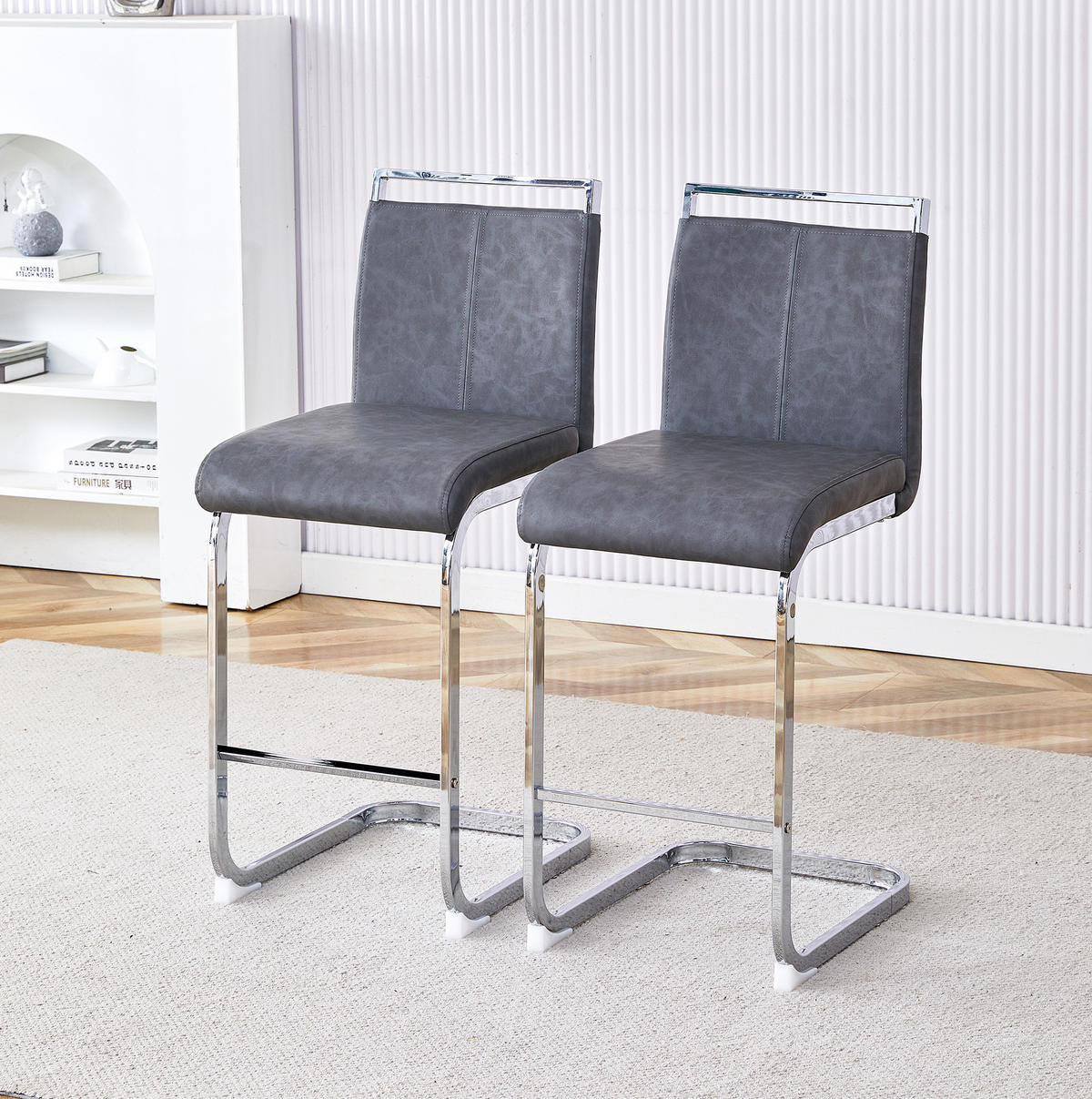 BARHOCKER 2er-Set 96,5 cm PU-Leder Dark Gray Silver - Grau, Metall (46.5/96.5/38.9cm) - Meubliv