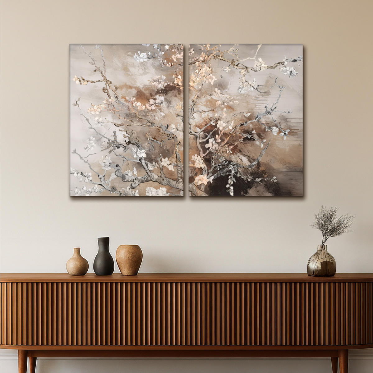 LEINWANDBILD 2er Set Mandelblüte - Abstrakt - Beige 120x80 cm - Beige, Textil (120/80cm) - MuchoWow